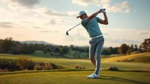 Professional golfer mid-swing on scenic course with natural landscape, showing proper form and muscle engagement during full swing motion