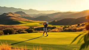A golfer mid-swing on a picturesque fairway surrounded by California native plants and rolling terrain, golden sunlight illuminating the grass, peaceful course landscape