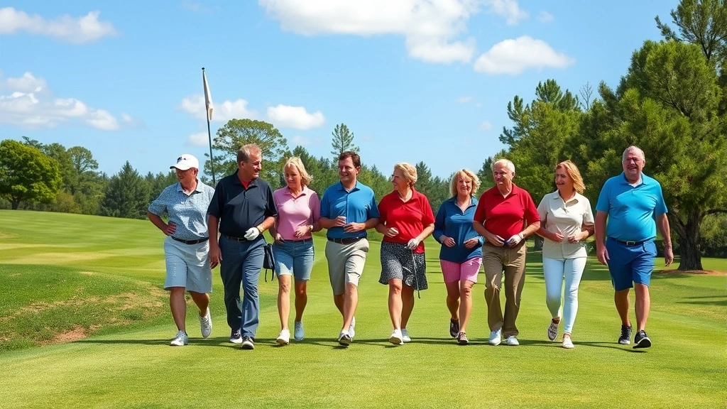 Group of diverse golfers walking together on beautiful green fairway with trees and blue sky, demonstrating social aspect and outdoor exercise benefits