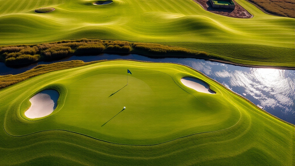 Aerial view of a well-maintained golf green with strategic bunkers, natural water feature reflecting sunlight, manicured fairways in background creating visual depth