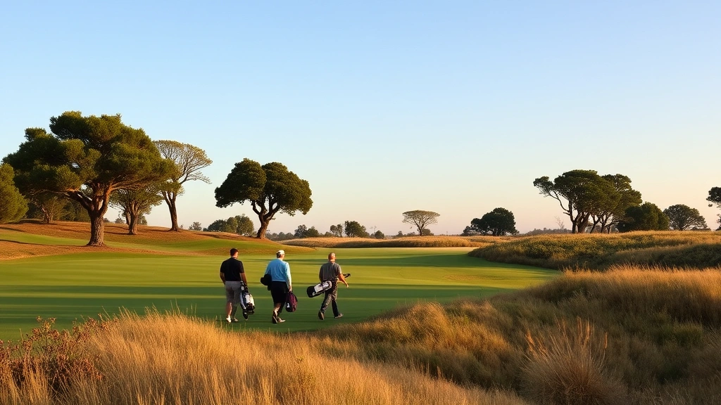 Group of golfers walking across a scenic golf course during late afternoon, carrying golf bags, enjoying natural California landscape with trees and native vegetation