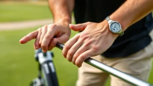 Professional golfer demonstrating proper grip and hand position on golf club at practice facility, showing neutral grip alignment and finger positioning, close-up detail of hands on club