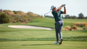 Professional golfer executing perfect swing mechanics on rolling fairway with elevated terrain, demonstrating proper posture and balance on uneven ground, natural lighting