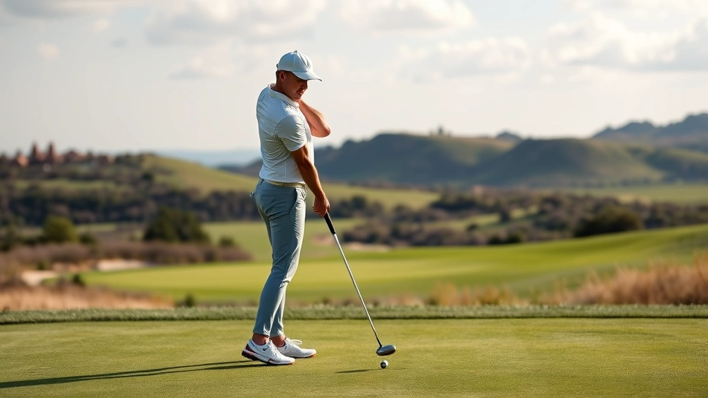 Golfer in proper stance and posture at address position on golf course fairway, showing correct knee flex, spine angle, and shoulder alignment with scenic rolling terrain background