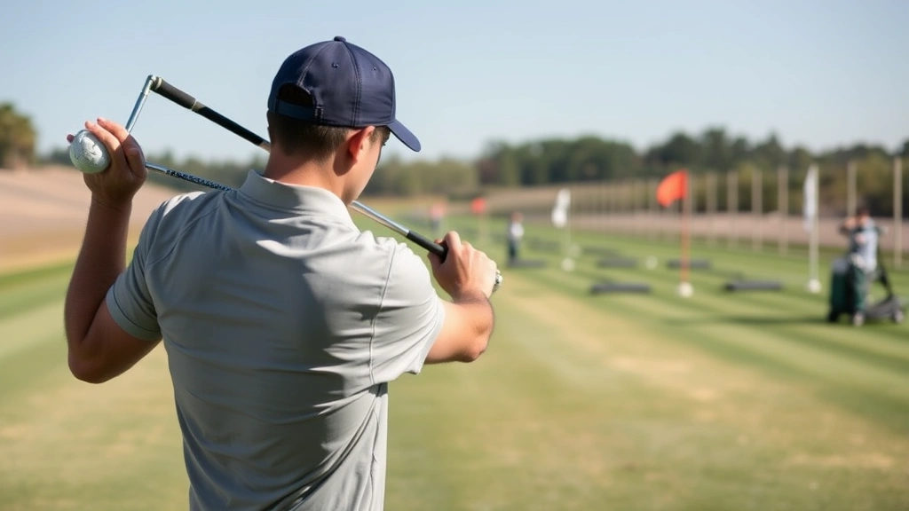 Golfer practicing at driving range with target flags visible, focusing intensely on each shot with structured deliberate practice routine, daytime outdoor setting