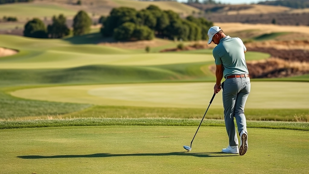 Golfer executing short game pitch shot from fairway near green, showing controlled swing mechanics and weight distribution during short distance approach shot, rolling course landscape visible
