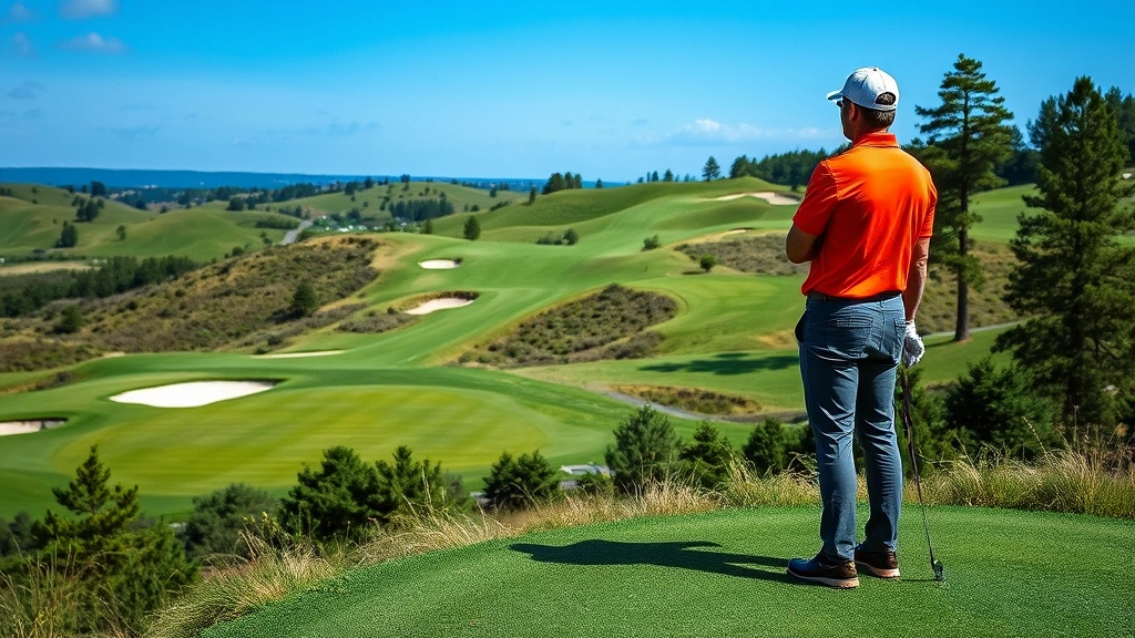 Golfer standing on elevated tee box surveying challenging hole layout with rolling hills and strategic bunkers, analyzing course conditions and planning shot strategy