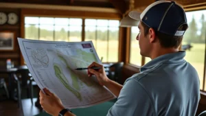 Beginner golfer studying course map and strategic layout at golf course clubhouse, holding pen and yardage guide, focused expression, daylight, realistic photography