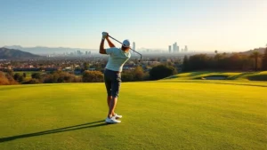 Golfer in mid-swing on a well-maintained fairway with Los Angeles landscape in background, morning sunlight, professional golf stance