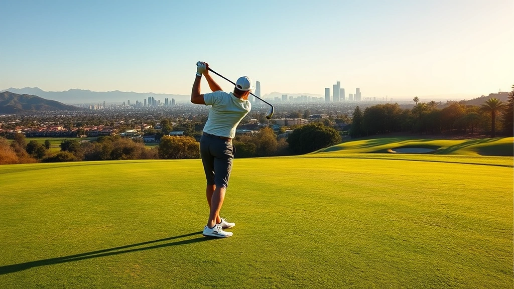 Golfer in mid-swing on a well-maintained fairway with Los Angeles landscape in background, morning sunlight, professional golf stance