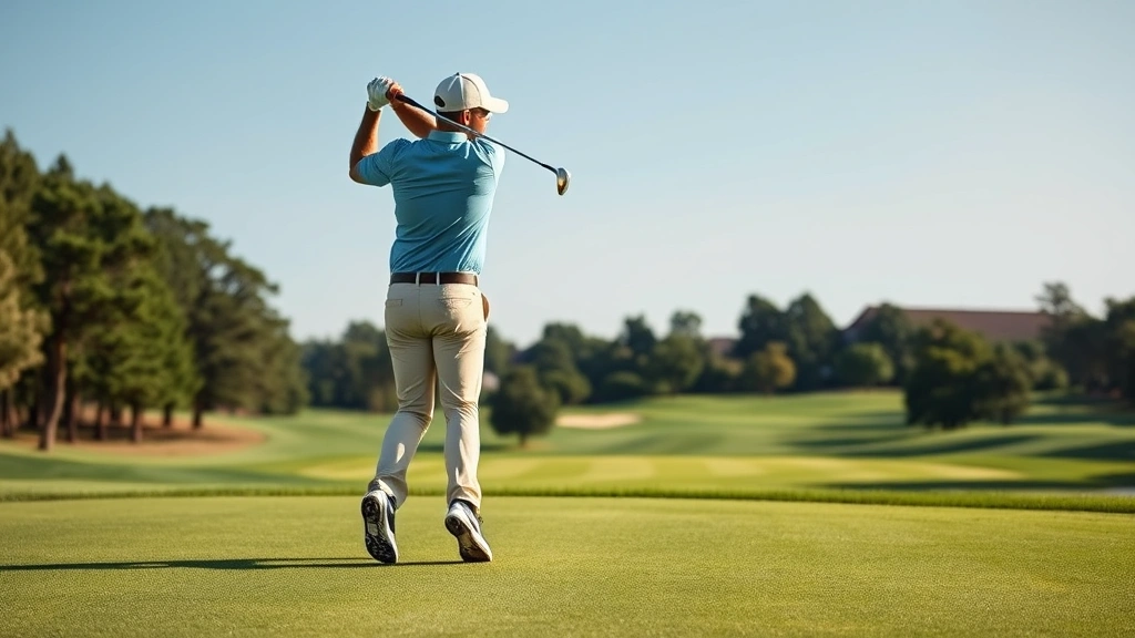 Professional golfer mid-swing on lush fairway with manicured greens in background, natural daylight, clear blue sky, professional golf course setting