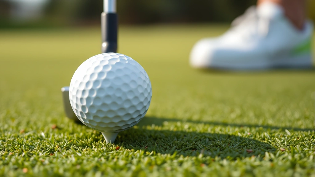 Close-up of golf ball on green with putter, showing careful line reading and concentration, natural lighting, manicured putting surface