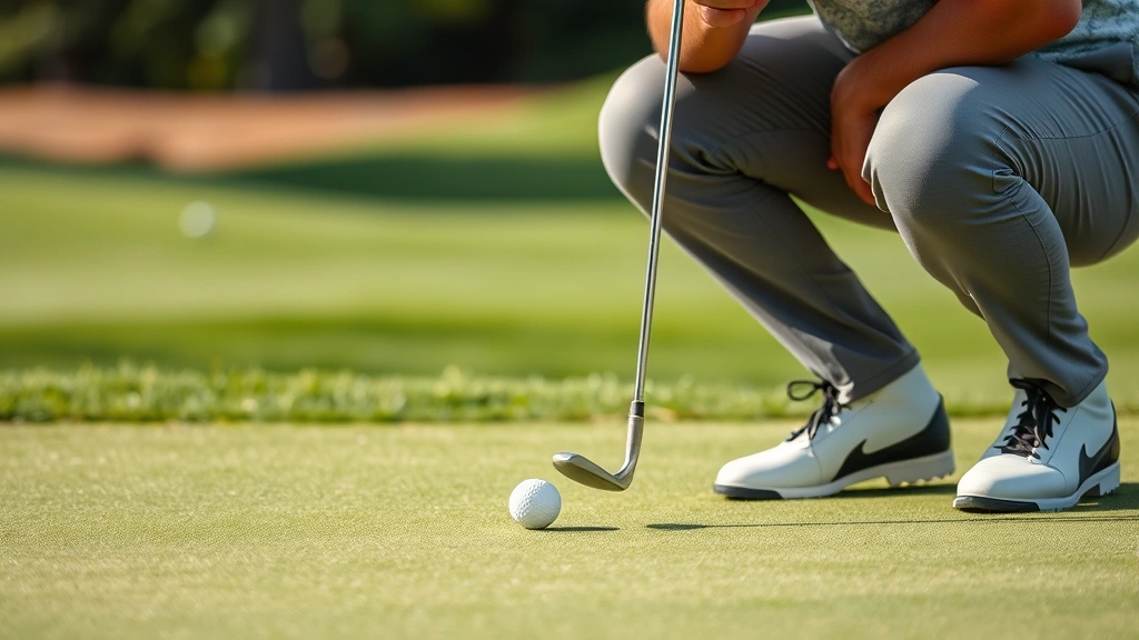 Experienced golfer carefully reading green contours and analyzing putt break while crouching behind ball with putter in hand, examining subtle slope patterns on manicured putting surface
