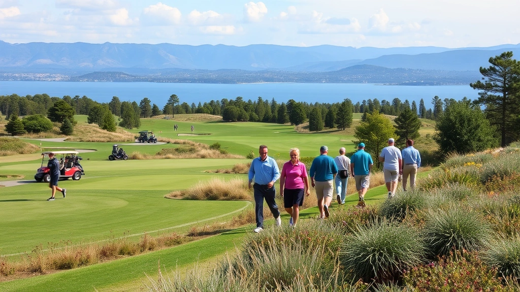 Golfers walking on beautiful course with scenic views, diverse players enjoying outdoor activity, well-groomed fairways and healthy vegetation, recreational sports setting