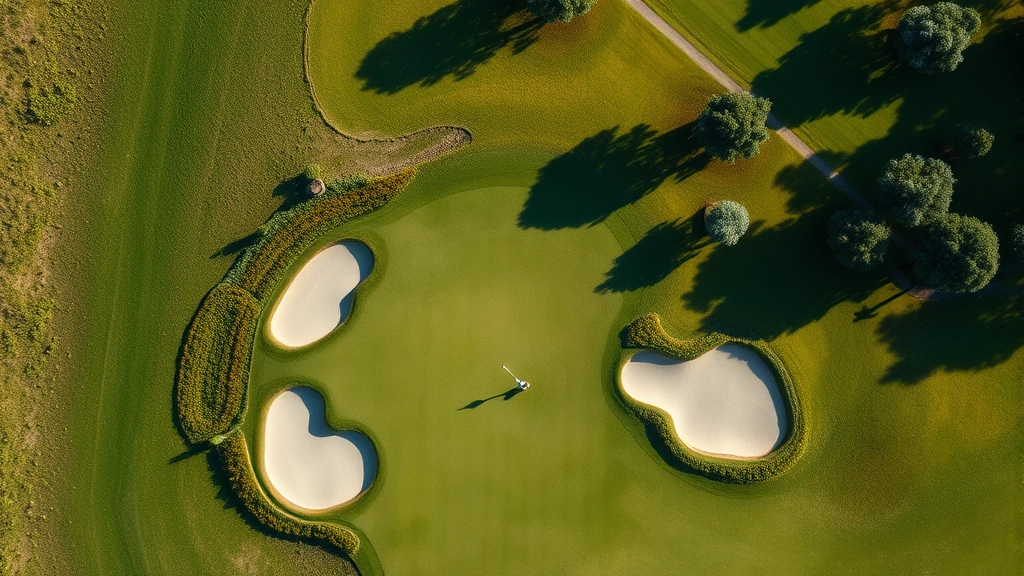 Aerial view of golf course hole with bunkers, fairway, and green visible, showing strategic layout and hazard placement, clear day