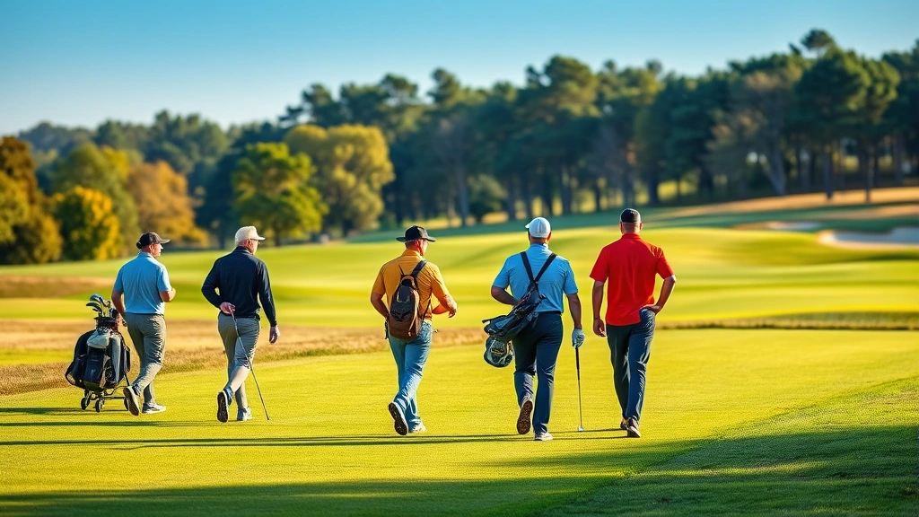Group of diverse golfers walking fairway in early morning light with golf bags and clubs, engaged in conversation and enjoying scenic golf course landscape with trees and maintained grass