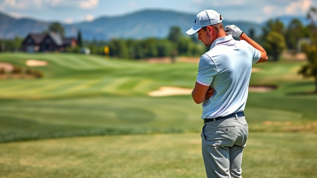Golfer executing pre-shot routine with calm concentration, standing behind ball assessing green layout and hazards, strategic thinking expression, scenic golf course background, realistic daylight