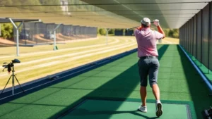 Golfer practicing at a professional driving range with target markers visible, demonstrating proper stance and swing mechanics during a sunny afternoon session