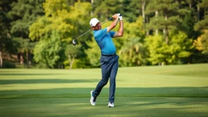 Professional golfer in mid-swing on a lush fairway with trees in background, demonstrating proper golf swing technique and form during practice session