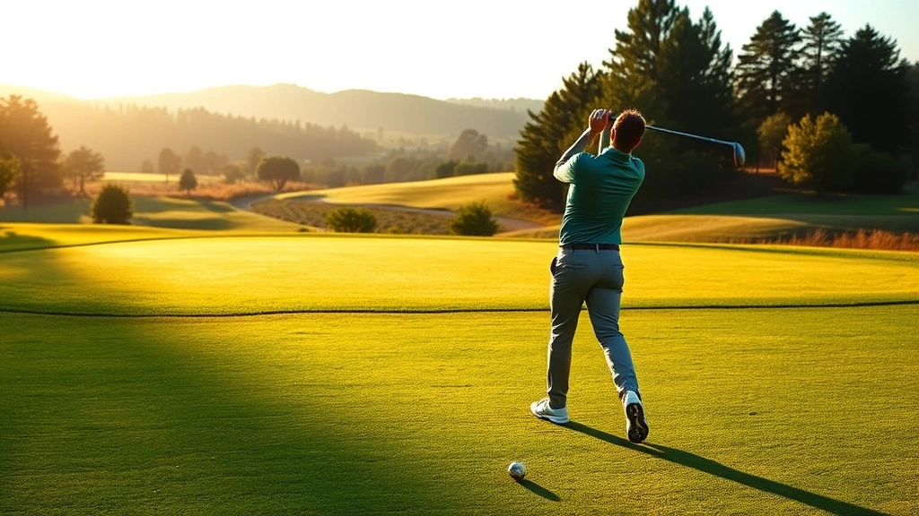 Golfer in mid-swing on manicured fairway with natural landscape in background, morning sunlight, realistic golf course environment