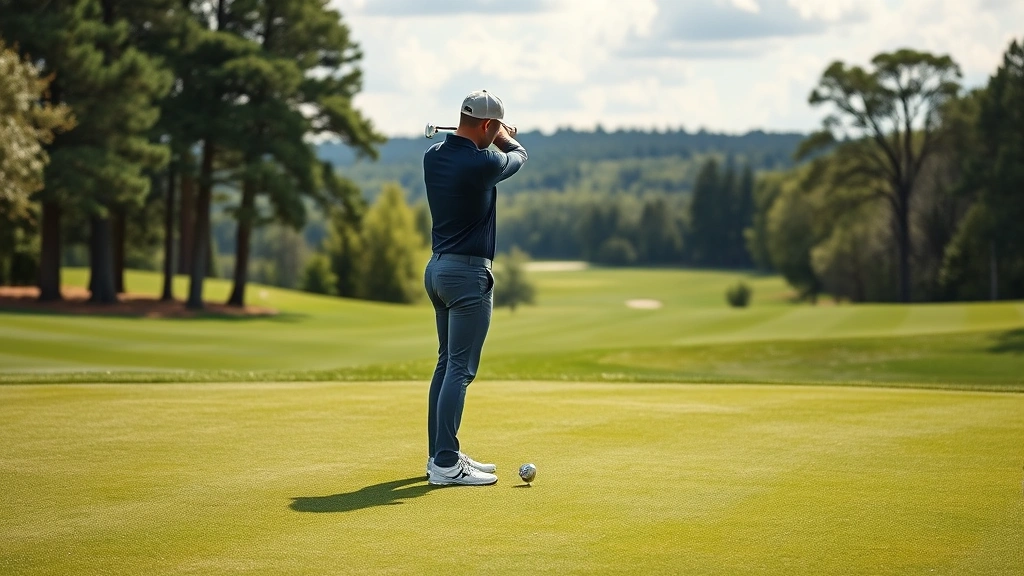 Golfer standing on fairway evaluating shot position with scenic golf course landscape, trees and manicured grass in background, professional golfer contemplating strategy