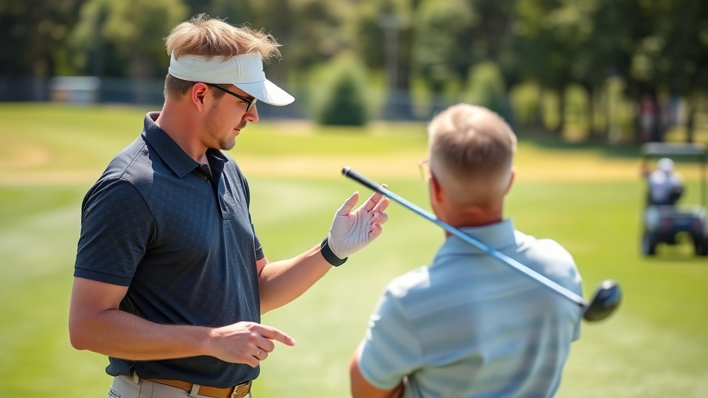 Professional golf coach instructing a student on proper grip technique at an outdoor driving range, showing hand positioning and club hold, natural daylight, focused instruction moment