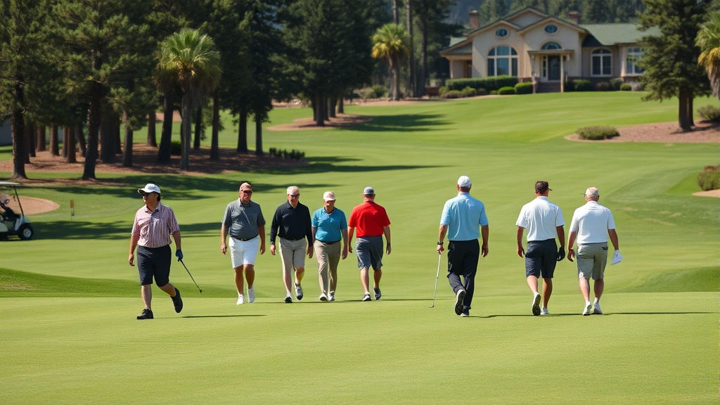 Diverse group of golfers walking on well-maintained golf course fairway, natural terrain, trees and greenery, daytime setting