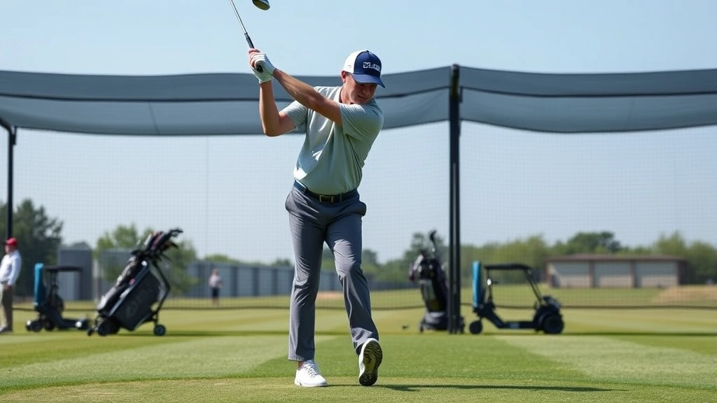 Golfer in mid-swing on a practice range demonstrating proper form and body mechanics, athletic motion captured mid-downswing, clear outdoor golf facility background, dynamic action shot