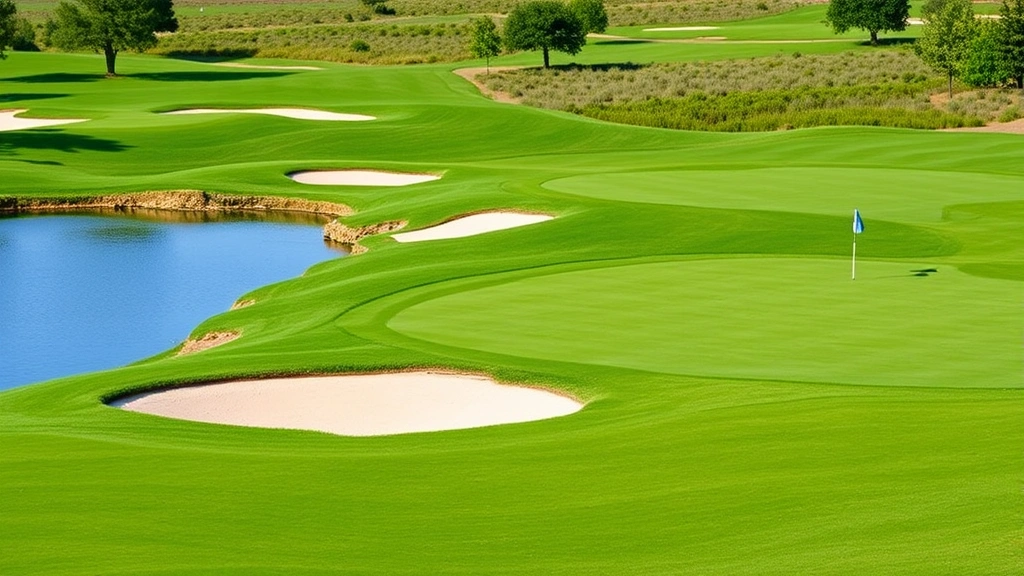 Golf course green with bunkers and natural water feature, pristine turf conditions, scenic landscaping, professional course maintenance visible