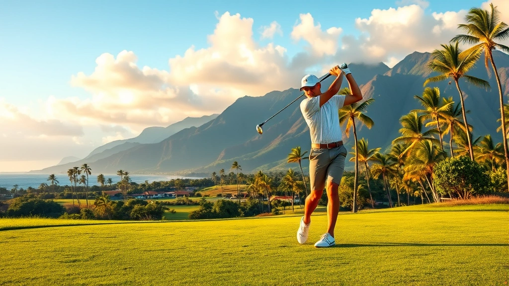 Golfer mid-swing on tropical fairway with Hawaiian landscape mountains in background, lush green grass, warm afternoon lighting, professional golfer in athletic wear