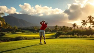 Golfer mid-swing on tropical fairway with volcanic landscape and native Hawaiian vegetation in background, morning sunlight illuminating course conditions