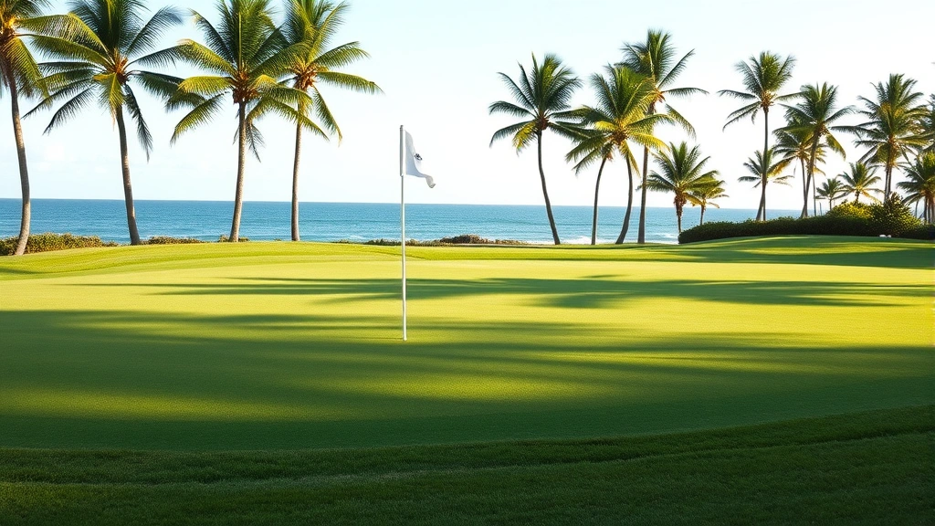 Well-maintained golf course putting green with ocean and palm trees visible in distance, manicured grass surfaces, tropical paradise setting, clear sky, no signage