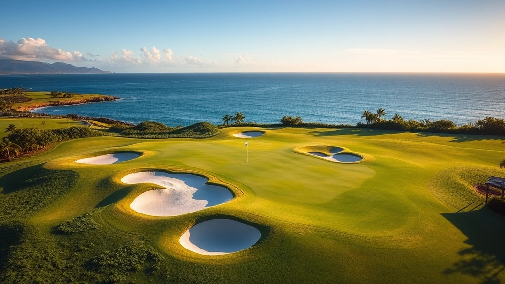 Aerial view of championship golf hole with strategic bunkers, manicured fairway, and distant ocean horizon under clear Hawaiian sky