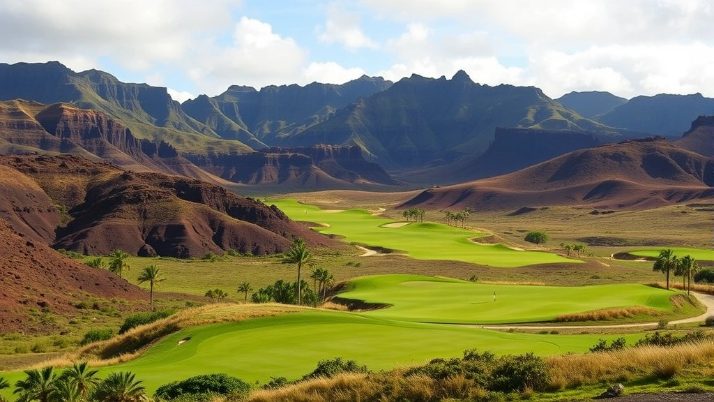 Golf course landscape featuring elevation changes, natural volcanic rock formations, native Hawaiian vegetation, fairway winding through terrain, scenic vistas, daylight conditions