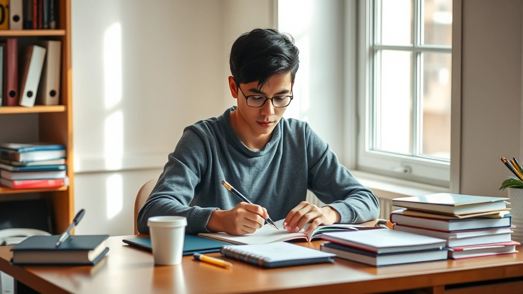 Student sitting at organized desk studying with focused concentration, natural window lighting, coffee cup nearby, textbooks and notes visible but not the main focus, calm professional study environment