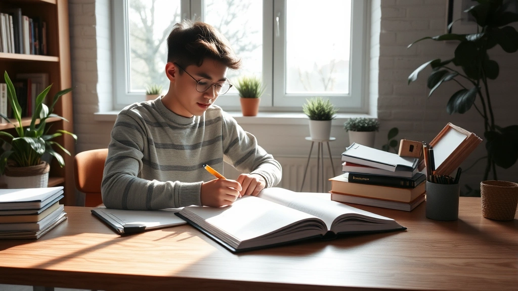 A focused university student studying at a wooden desk with an open textbook, notebook, and pen, natural sunlight from a window illuminating the workspace, calm and organized environment with plants nearby