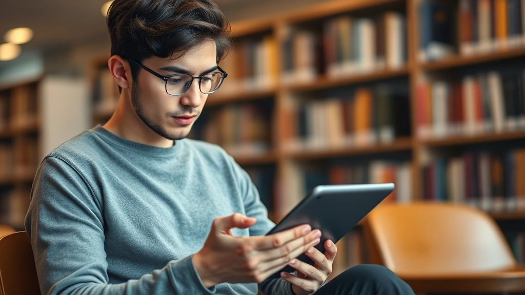 A student taking practice test questions on a tablet, concentrated expression, warm lighting in a modern library setting with bookshelves blurred in background, showing active learning engagement