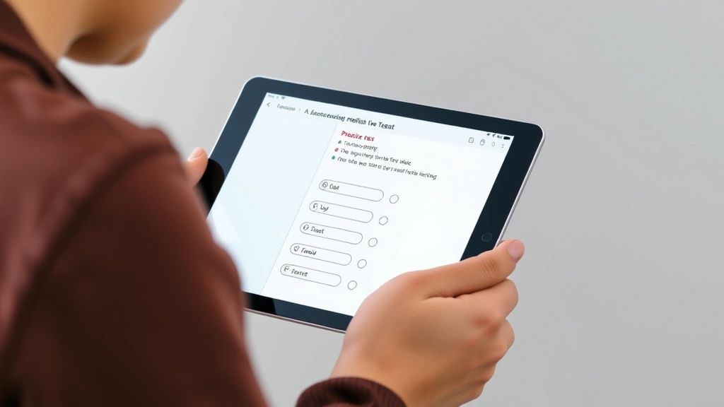 Individual student taking practice test or quiz on tablet, writing notes, showing active learning engagement, neutral background, demonstrates self-assessment and testing effect