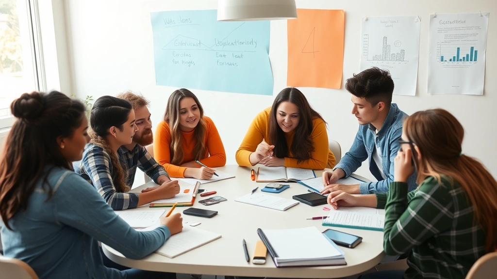 A diverse group of students collaborating in a study session around a large table with notebooks and materials spread out, discussing concepts together, encouraging academic discussion and peer learning