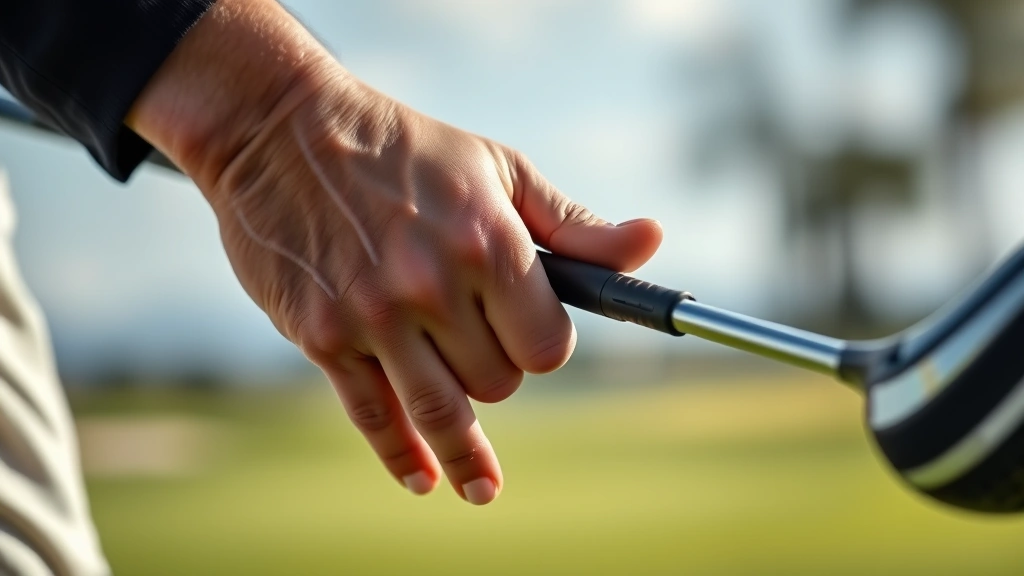 Professional golfer demonstrating proper grip on golf club, hands showing neutral position with overlapping finger placement, close-up detail shot, realistic lighting, outdoor golf course background