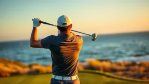 Professional golfer executing perfect swing on championship golf course fairway during golden hour, ocean visible in background, focused concentration on face