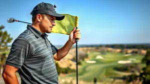 Professional golfer in wind conditions studying flag movement and analyzing course layout, standing on elevated tee box with exposed fairway and bunkers visible in background, focused expression during pre-shot analysis