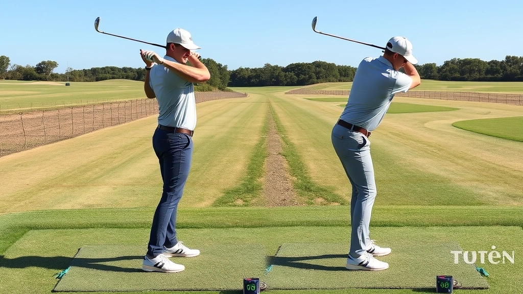 Golfer in perfect address position at setup, showing correct stance width, posture, and alignment with club face square to target, full body view on driving range with grass and clear sky
