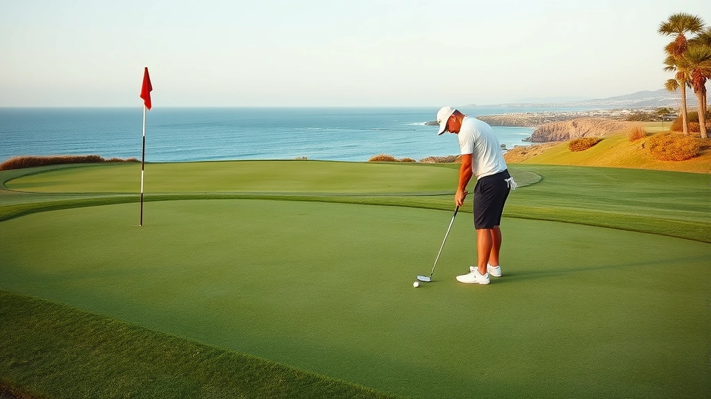 Golfer analyzing putting green with multiple breaks, studying line carefully before stroke, manicured green with flag in distance, coastal landscape