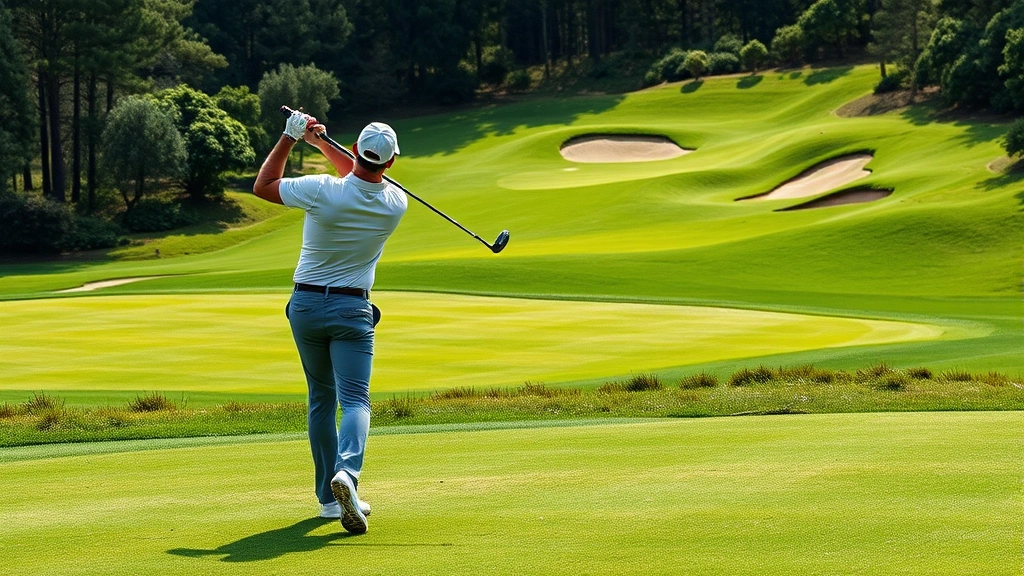 Golfer from behind executing precise approach shot from fairway toward elevated green with dramatic contours and strategic bunkers, demonstrating proper stance and swing technique on links-style course