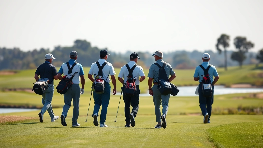 Group of golfers walking fairway with golf bags, discussing strategy and course management, championship course setting with water hazards visible in background