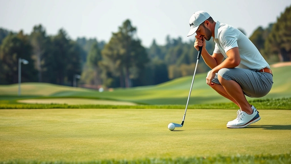 Golfer reading putting line on green with multiple contours and slopes, studying ball position relative to hole, crouching to view break from different angles on undulating green surface