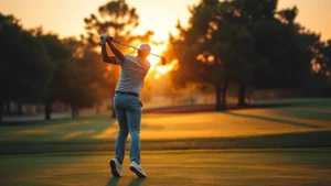 Professional golfer executing perfect golf swing at sunrise on manicured fairway with trees in soft background, focused form and balance, natural lighting