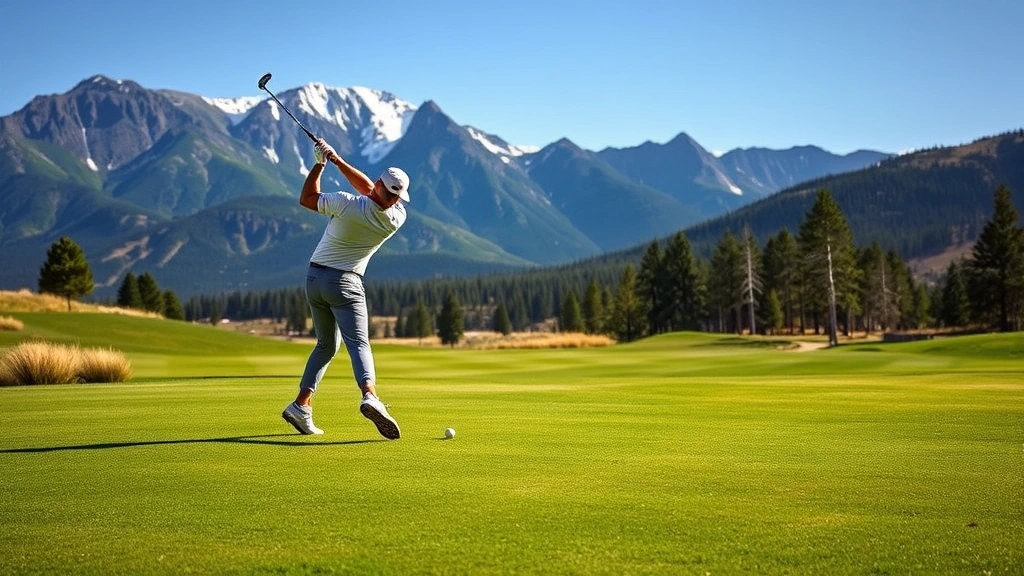 Golfer mid-swing on pristine fairway with Colorado mountain landscape in background, morning sunlight, professional course conditions, natural terrain