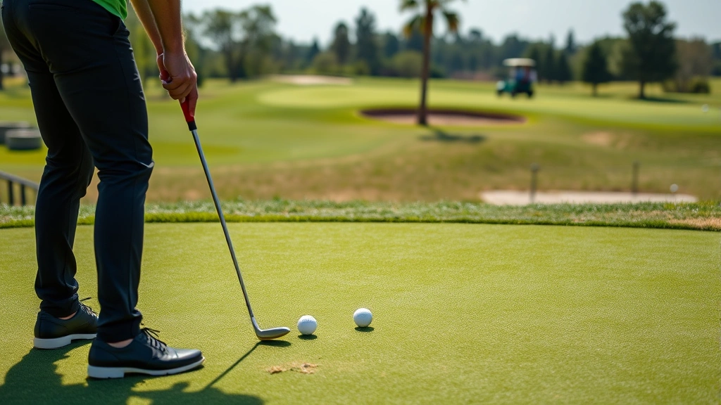Golfer practicing short game on practice green with multiple golf balls, chipping technique demonstration, professional course setting with maintenance visible